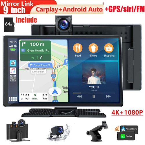 4K Dash Cam 9"Car Stereo Radio Wireless Apple Carplay&Android Auto+1080P Camera