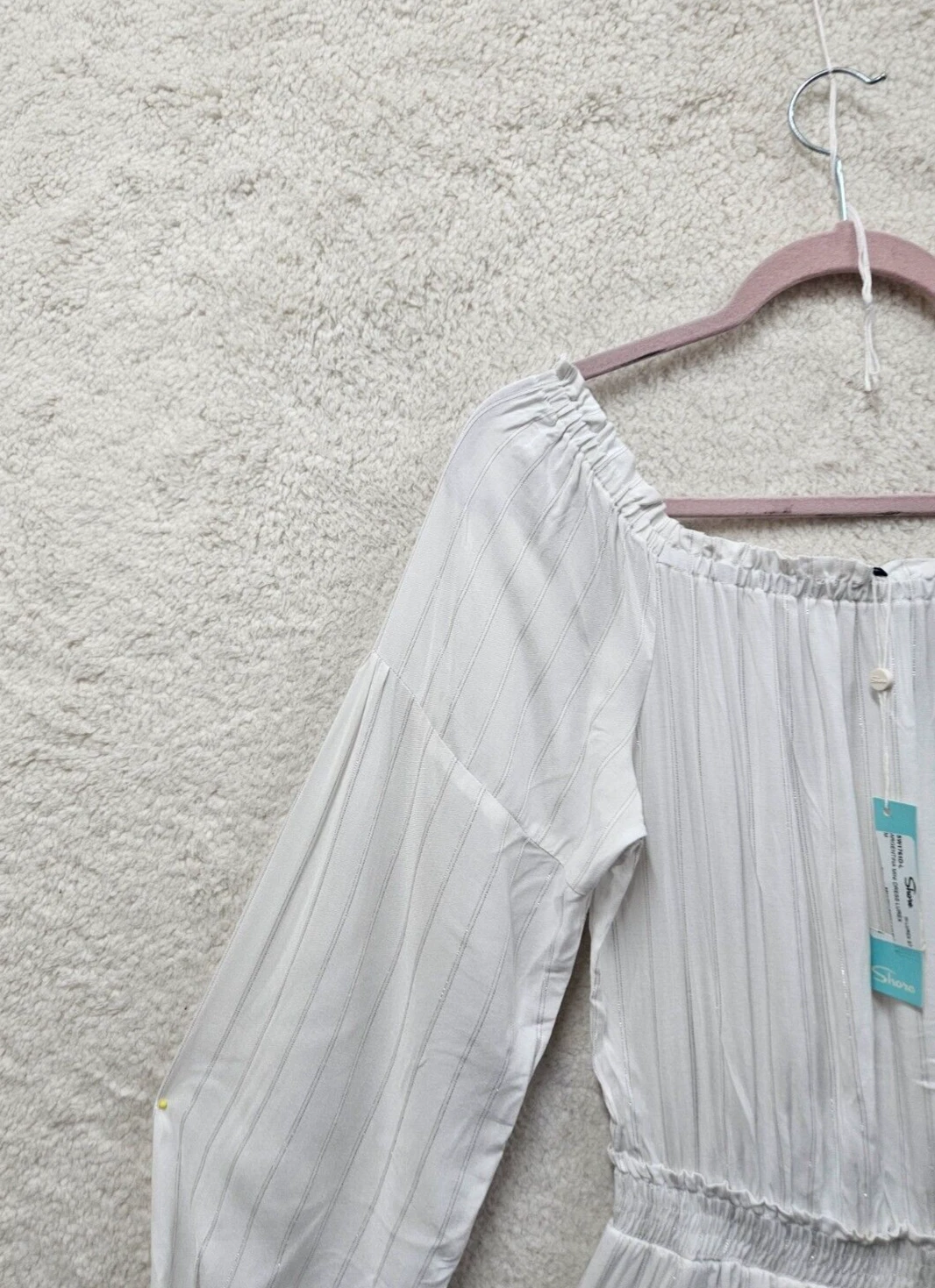 PALM ANGELS Abito donna Shore medio bianco righe rayon manica lunga spalle scoperte linea A mini