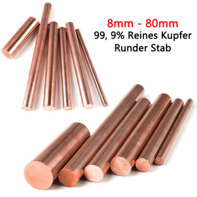 Ø8mm-80mm Solide Reines Kupfer Rundstab Metall Stab Vollmaterial Länge 150 400mm