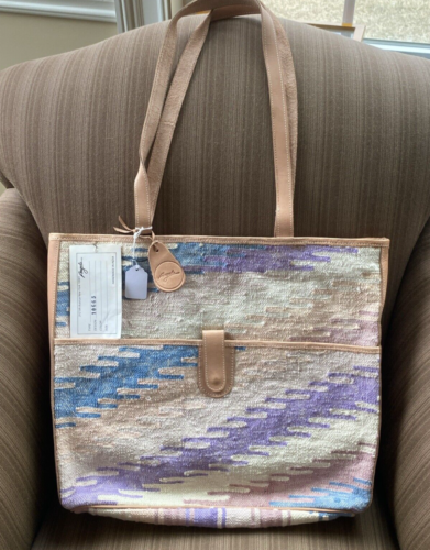 Vintage Tote Bag Angela TAPESTRY Hand Loomed Ethnic Boho Hippie Leather Trim