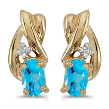 14k Yellow Gold Oval Blue Topaz And Diamond Earrings