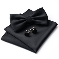 Men's Solid Double Fold Pre-Tied Bow Tie Pocket Square Cufflinks Set