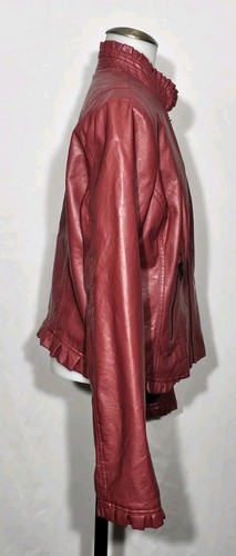 CATO Ladies Red FAUX LEATHER Ruffle Trim MOTO JACKET SZ Medium Fall Fashion - Picture 2 of 7