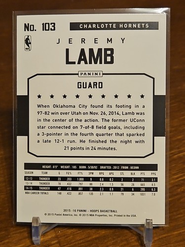 2015-16 Panini Hoops JEREMY LAMB #103 Base Charlotte Hornets NBA - Picture 2 of 2