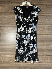 Chaps Floral Wrap Style Neckline Empire Midi Dress Size S Black With White&Blue