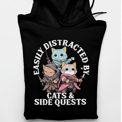 Easily Distracted by Cats Side Quests T-Shirt Funny Cat Gamer RPG Tee