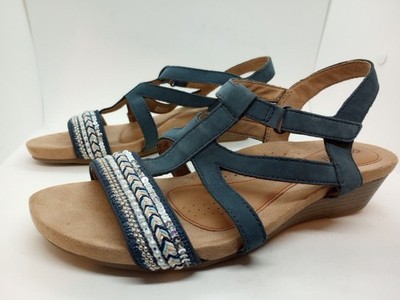 Cobb Hill Sandals Women's Size 10M Blue Embellished Wedge Cushioned Hook & Loop
