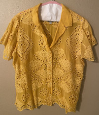 Johnny Was Women's Gold Eyelet Button Up Top with Embroidery Size XL