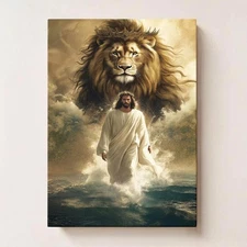 Vintage Jesus with Lion Canvas Wall Art, Jesus Walking On Water Poster Print