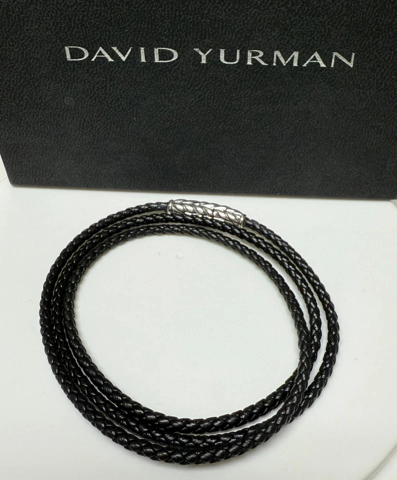 Brazalete David Yurman de plata esterlina .925 Chevron triple envoltura de cuero negro L Foto 2 de 4