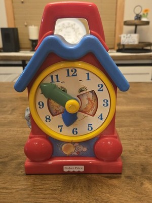 Vintage Fisher Price 1994 Wind-Up Music Teaching Clock Toy Red Blue Works
