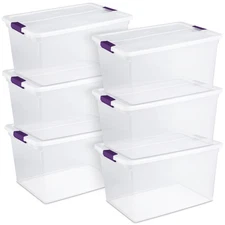 Sterilite 66 Quart Clear Plastic Latching Handle Storage Container Tote, 6 Pack