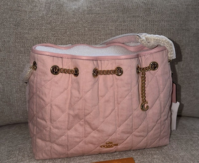 Coach Evelyn Denim Pink Quilted Medium Shoulder Bag Zip Gold Chain Strap