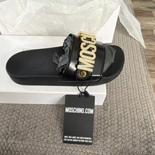 Moschino Gold Logo Black Slide Sandals PVC Beaded Women's Size 38/7