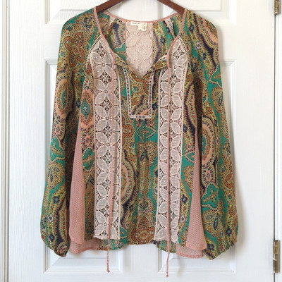 Meadow Rue Anthropologie Giada Crochet Lace & Bohemian Printed Peasant Blouse M