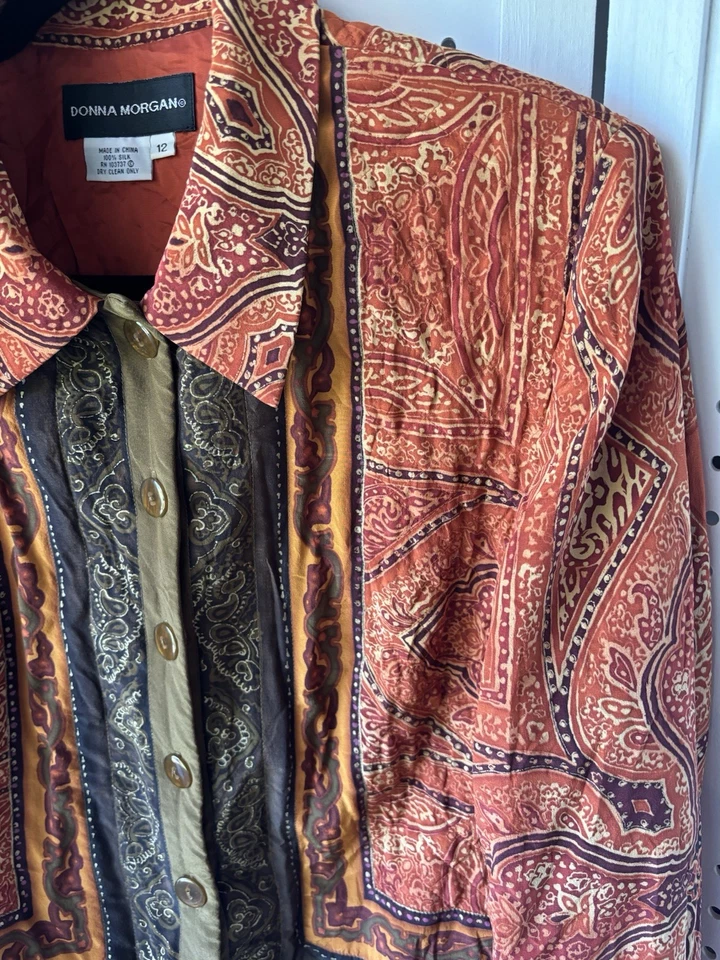 复古 Donna Morgan 100% 真丝女式 12 M/L 码纽扣前外套夹克 — 第 4/4 张图片