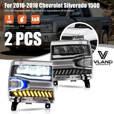 VLAND LED DRL Headlights For 2016-2018 Chevy Silverado 1500 W/Sequential LH+RH