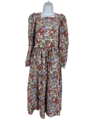 Laura Ashley Vintage Corduroy Floral Square Neckline Puff Sleeves Dress Sz 6