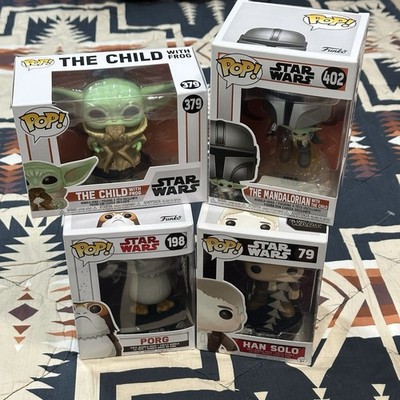 Lot of 4 Star Wars Funko Pops! - THE MANDALORIAN, THE CHILD, PORG, HAN SOLO -NEW