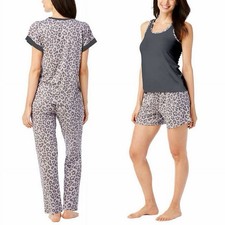 Lucky Brand Three Piece Pajama Set Women Small Gray Leopard