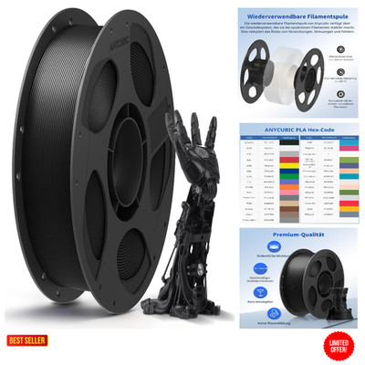 Anycubic PLA Filament 1.75mm Schwarz 1KG Vakuumverpackung