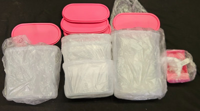 Tupperware Modular Mates Oval Storage Containers Set Clear w/ Pink Seals New