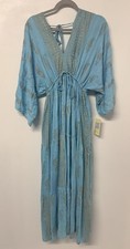 Creations St Lucia Blue Gold Boho Maxi Dress Free Size India Rayon #56