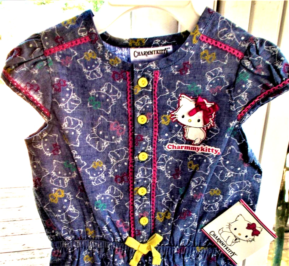 Hello Kitty "CharmmyKitty" [3 T] ROPA CAMBRAY 1 PIEZA MAMELUCO manga gorra NUEVO Foto 2 de 3