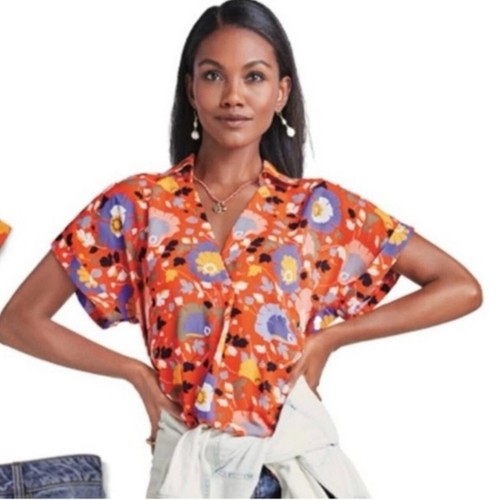 CAbi Visionary Replay Multicolor Floral Short Sleeve Blouse Women's Small