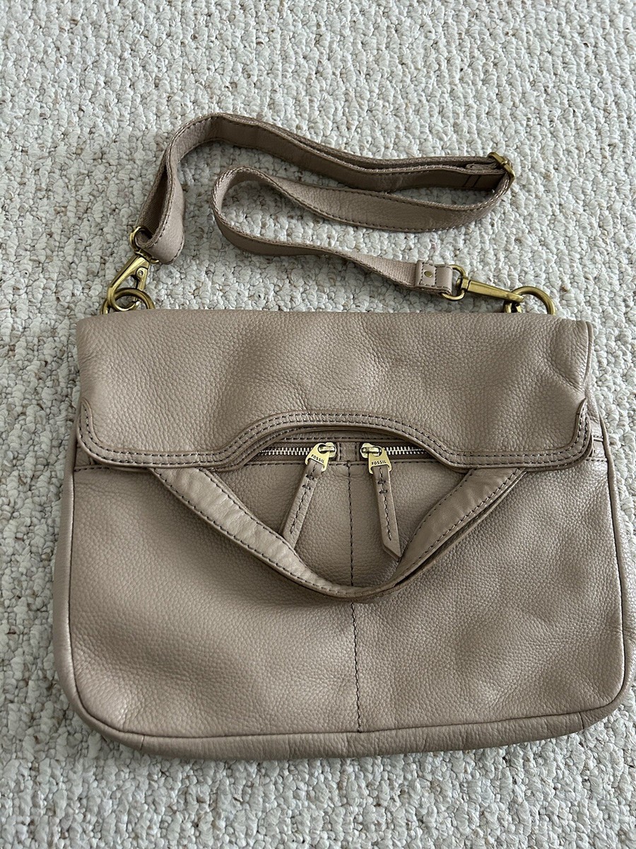 Fossil Erin Fold Over Tote Crossbody Handbag Beige Pebble Leather