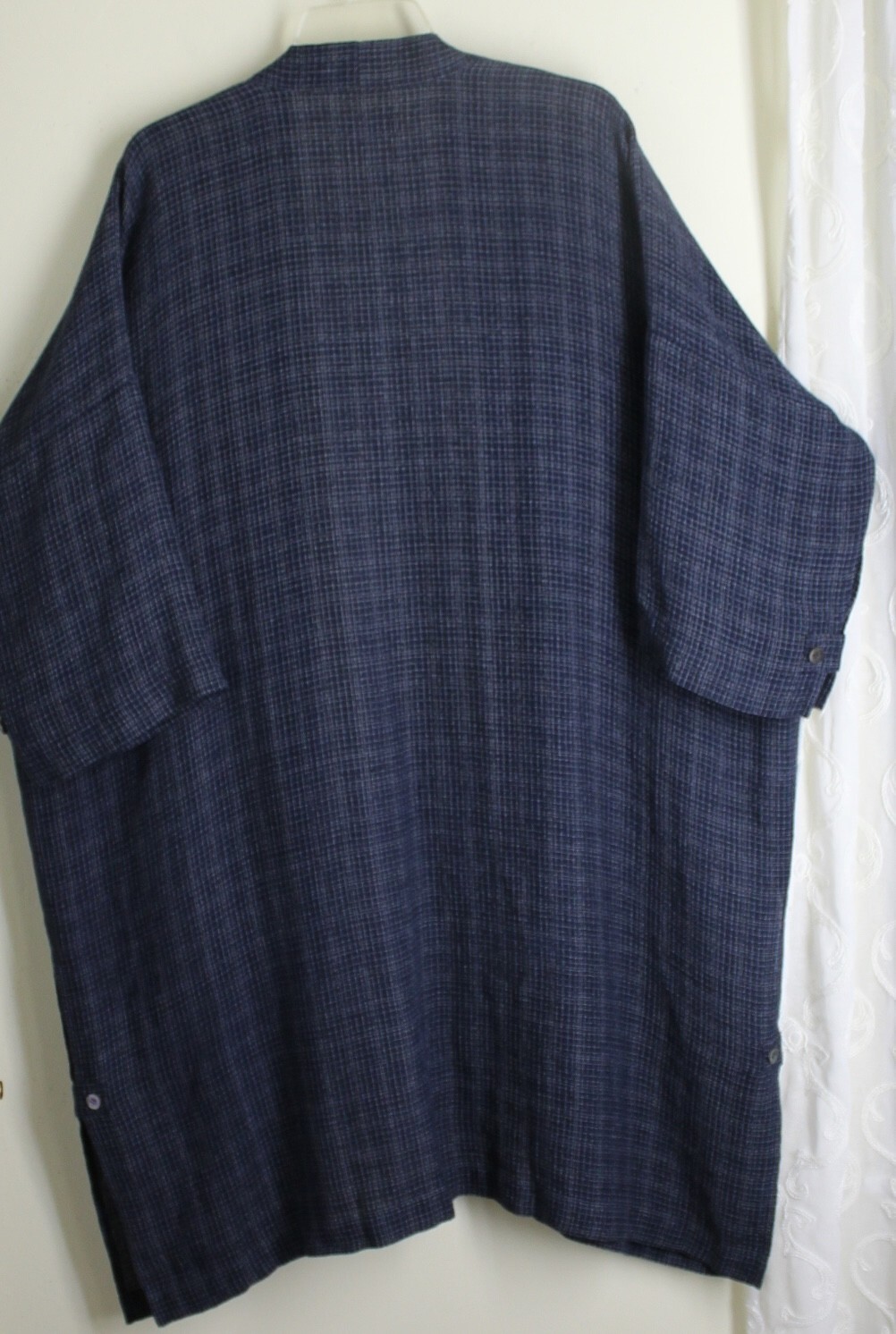 New Eskandar 0 OS Navy Check Crinkle Gauze Linen Lightweight 43"L Duster Jacket image 8