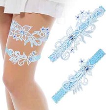 2Pcs Wedding Garters for Bride Blue Lace Garter Floral Garters with Rhineston...