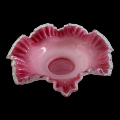 Vintage Ruffled Dish Raspberry VICTORIAN White Cased Raspberry Pink Crimped Ruffled Glass BRIDES ...