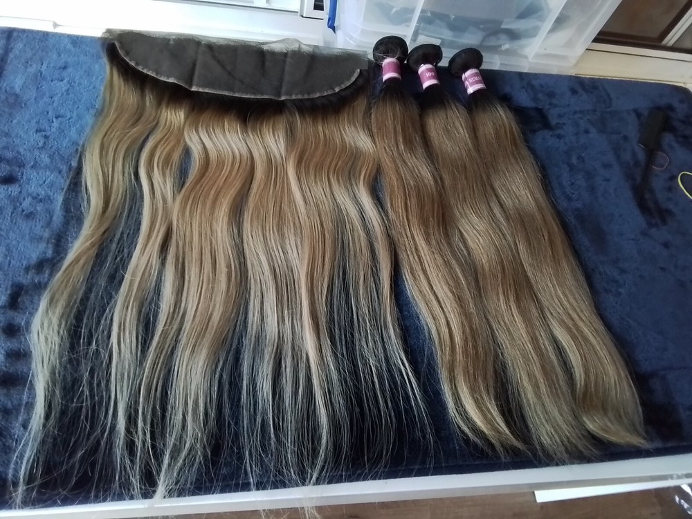 12A 1B/27# 2-Tone Brazilian Virgin Straight Hair 22+22+22&22 Frontal Lace