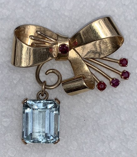 AMAZING VINTAGE 14K YG/RUBY/13 CT AQUAMARINE/DANGLE BOW PIN+APPRAISAL! - Picture 5 of 12