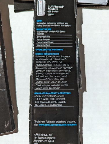 Modem 400 Series ARRIS SURFboard SB6141 Motorola w manuals & Ethernet Cable - Picture 12 of 23