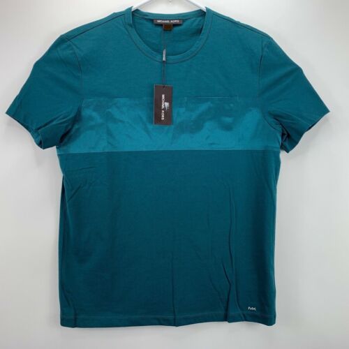 Michael Kors Mens Bonded Satin Stripe Pocket T-Shirt Green S - Afbeelding 1 van 3