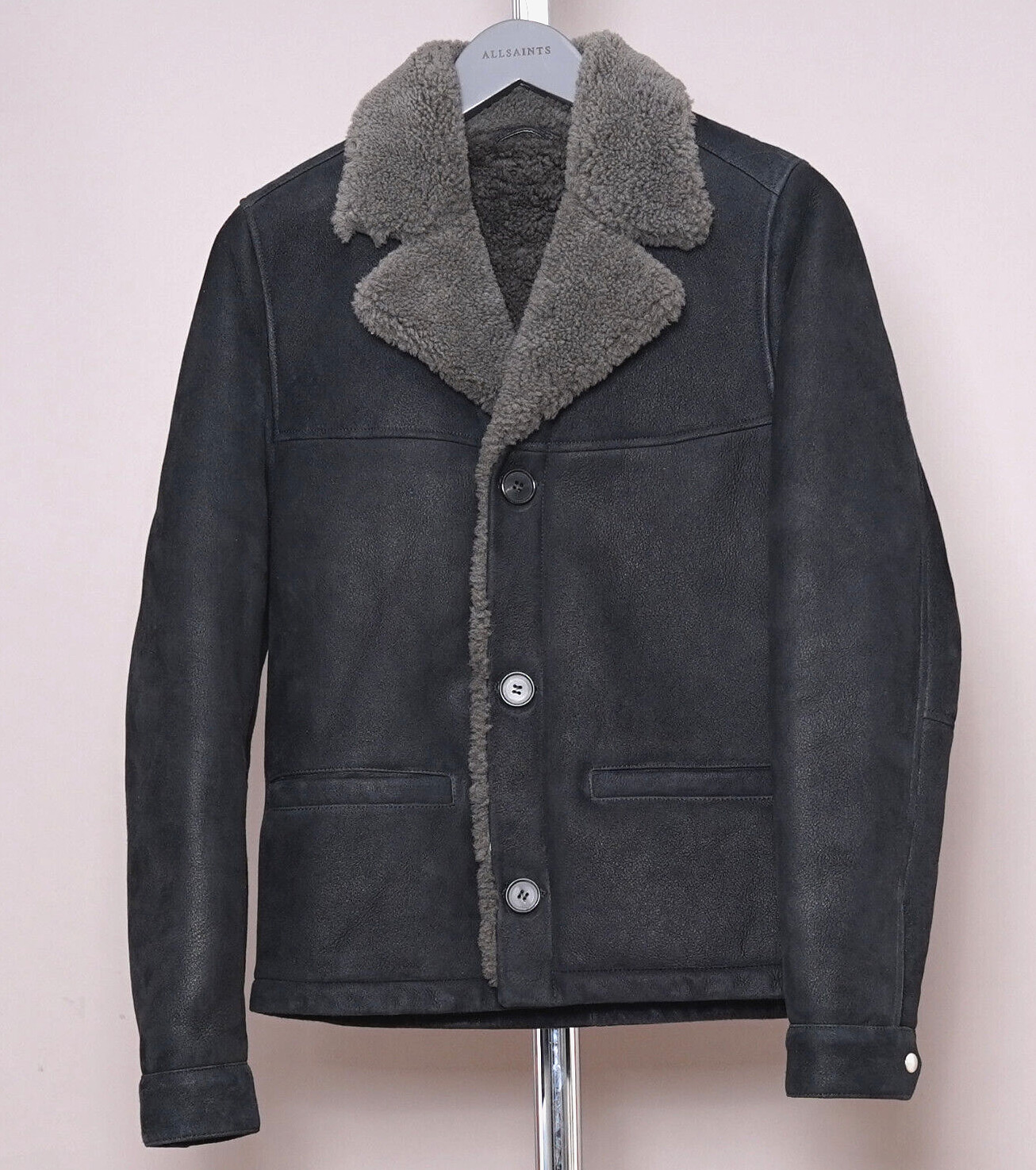 ALL SAINTS Shearling Leather Jacket EXTRA SMALL Mens Black XS Sheepskin GARRICK