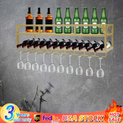 Tiers Wall-Mounted Wine Rack Industrial Liquor Shelves Wine Iron Rack  Gold NEW