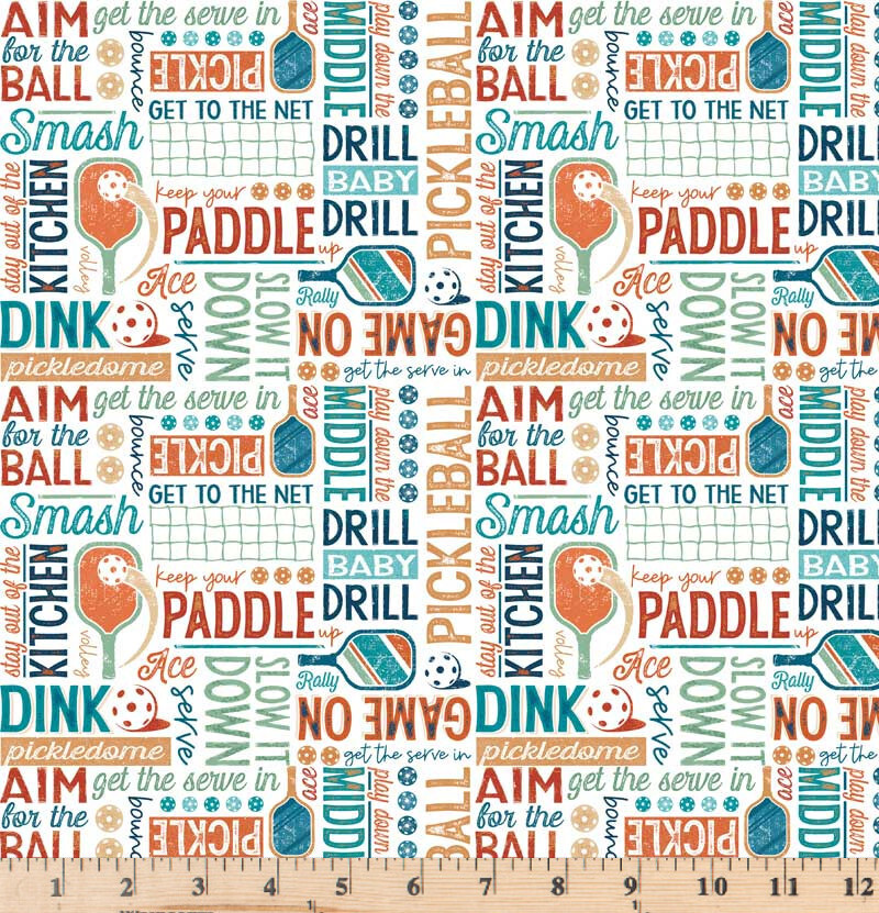 Pickleball Champ 4 Way Text White Fabric PCHA 05266 W By the Half Yard