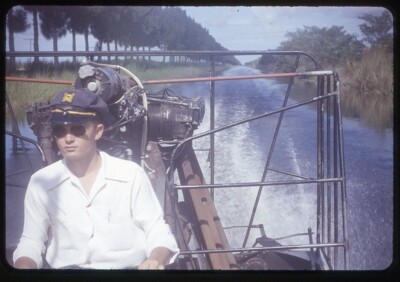 Handsome Young Airboat Swamp Boat Captain at Work Vintage 1950s Slide Photo