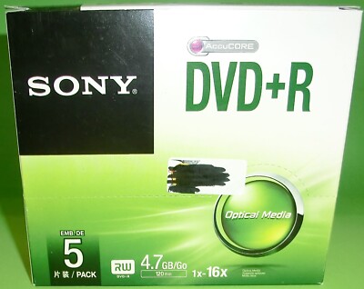 Sony DVD+R 1x-16x 4,7GB/Go 120min (Rohlinge) 5er-Pack