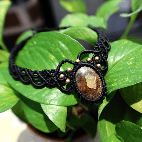 Handcrafted Australian Natural Boulder Opal Boho Macrame Choker Crystal Necklace - Picture 3 of 10