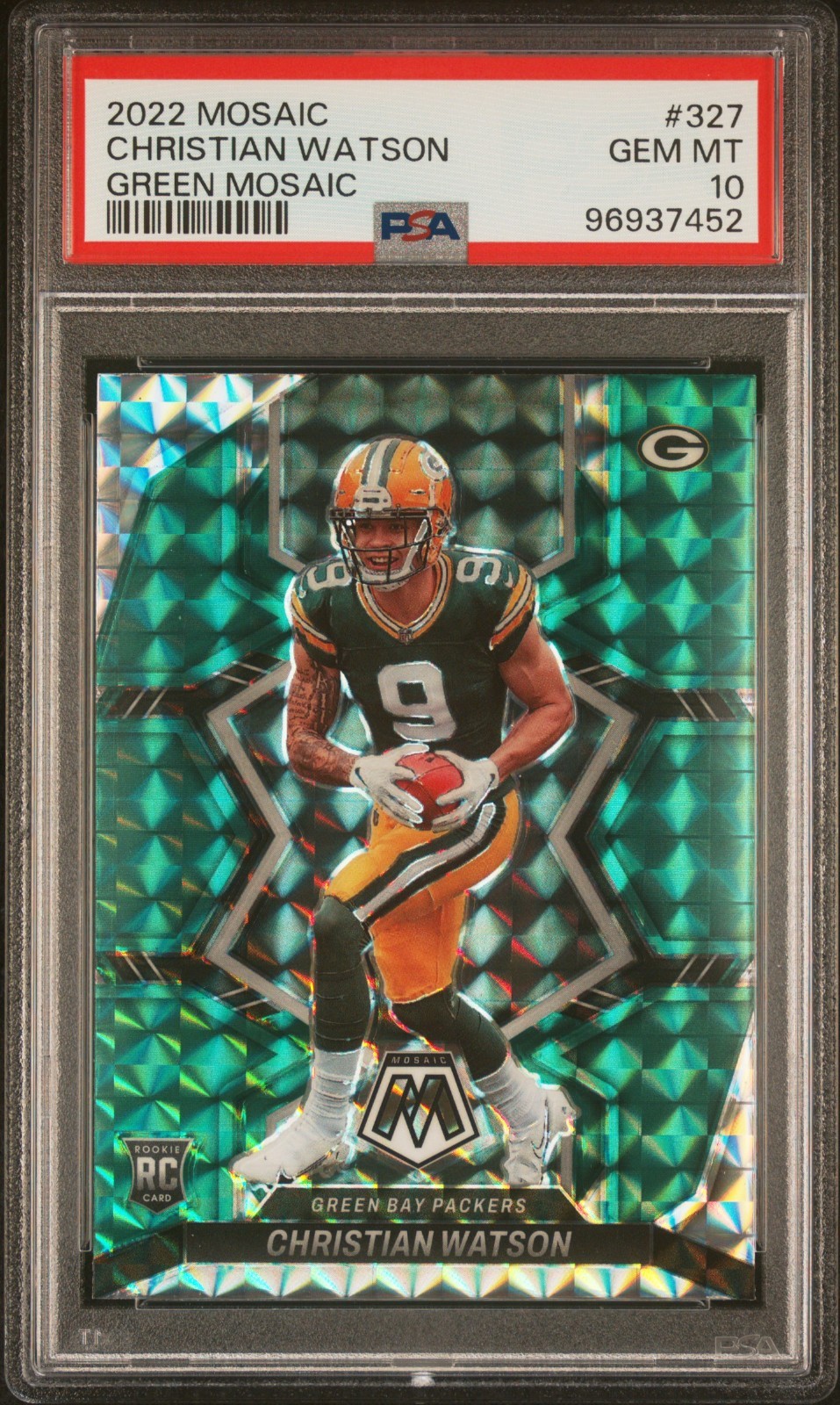 2022  PANINI MOSAIC  327  CHRISTIAN WATSON,   GREEN  RC,   PSA 10,   EXQUISITE!!