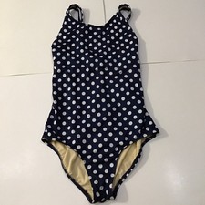 Lands End Swimsuit Girls Sz 14 One Piece Navy Blue White Polka Dot Lined