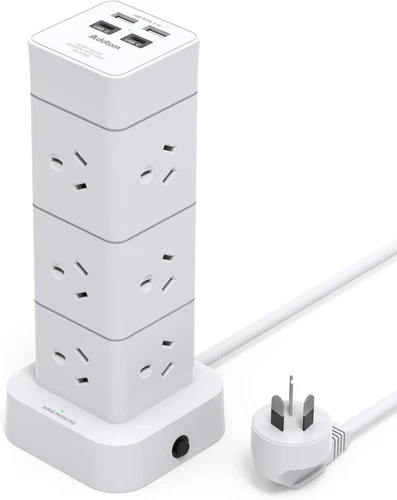 Addtam Power Board Surge Protected, Tower Strip with 12 AC White 