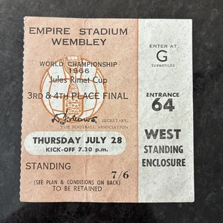 ORIGINAL World Cup 1966 England Football 3rd & 4th Place Final Ticket WEMBLEY