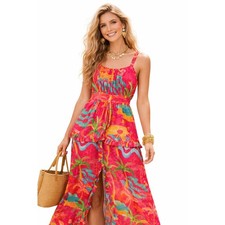 Farm Rio Ipanema Midi Dress Womens Large Red Ruffle Tropical Printed Square Neck