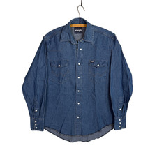 VTG 80s Wrangler Denim Pearl Snap Shirt Mens L Dark Wash Western USA Cowboy