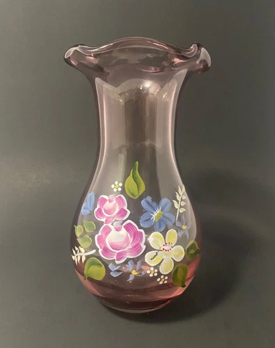 Vintage Fenton Glass Vase Hand Painted Flower Ruffled Amethyst Purple Home Decor